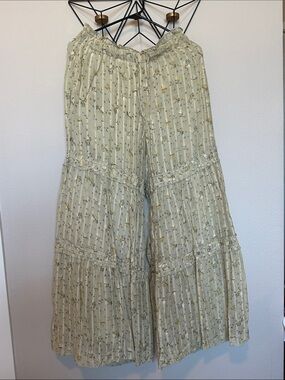 Free People Wide-Leg Floral Tiered Pants in Light Sage